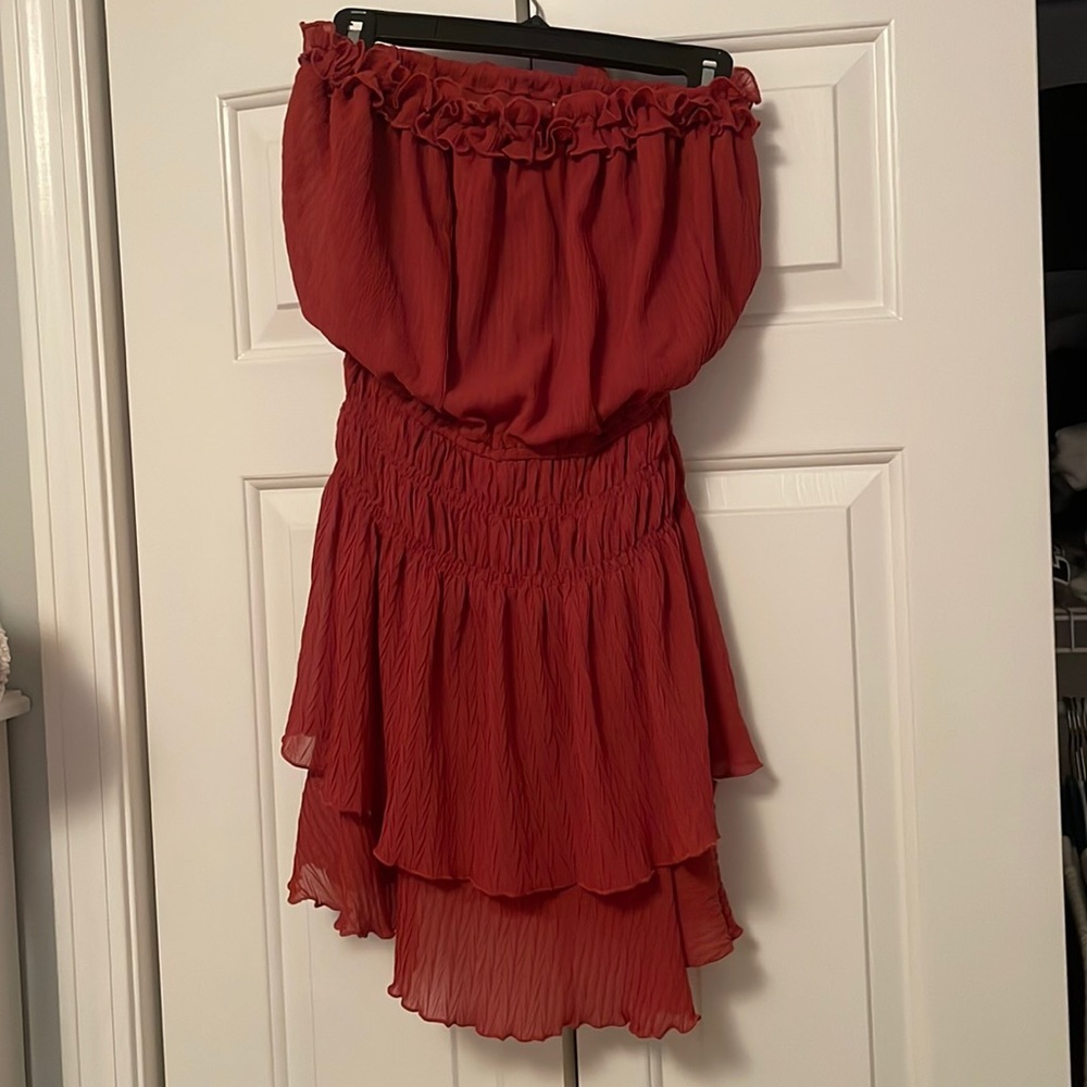 Red strapless dress
